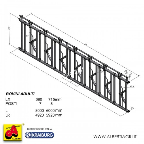 Rastrelliera autocatturante per bovini adulti 6m 8 posti 715mm